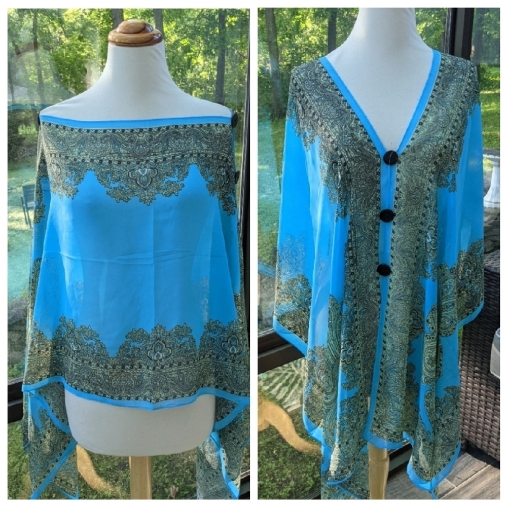 Sheer Turquoise Paisley-Trim Button Front Women's Top